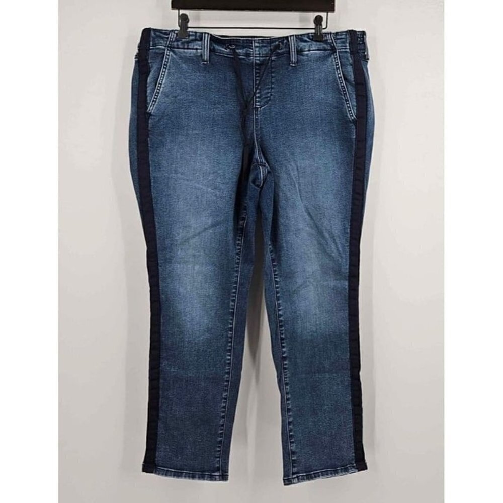Torrid Faded Wash Stretch Pull-on Blue Jeans Black Stripe Drawstring Front Sz 2R